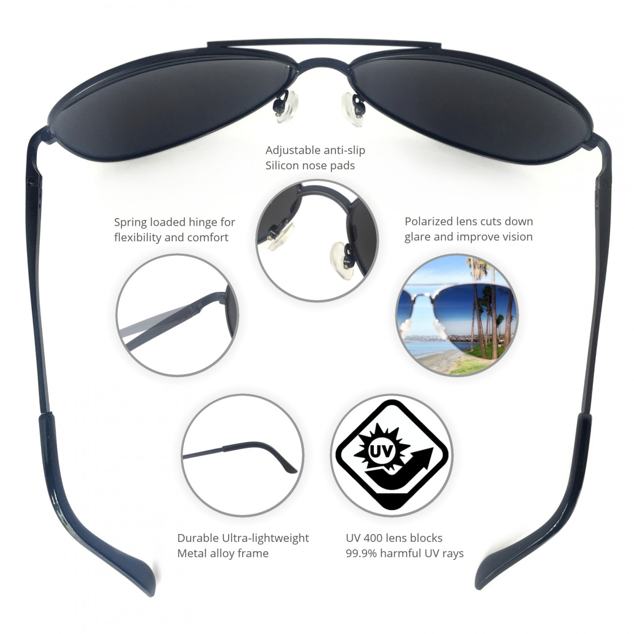 Classic Aviator BFBL 2 Main Pic with high lights nose hinge tip polarized UV